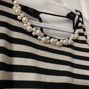 Black and Gold Striped Tank Top with Beaded Pearls Neckline